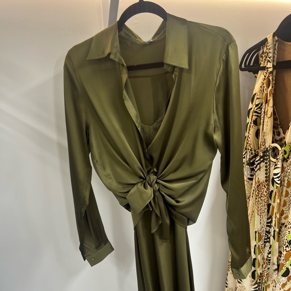 Olive Green Satin intimissi button down collar shirt goes nicely with slip